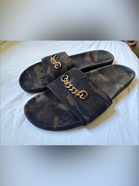 Tom Ford Gold Chain Accent Green Black Camouflage Men’s Slide Sandals Size 12T